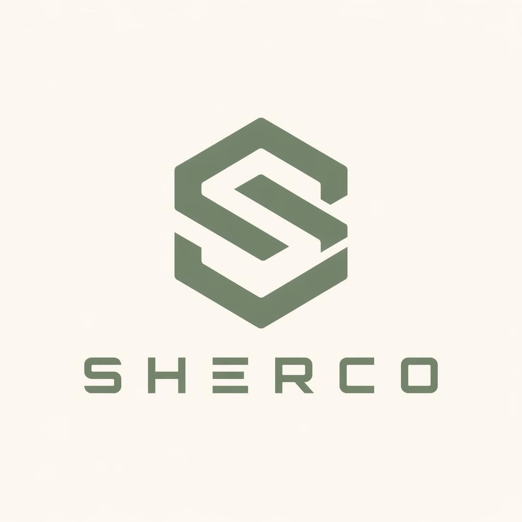 Geometric clean lettermark logo for Sherco in sage and cream, centered on a neutral square background.