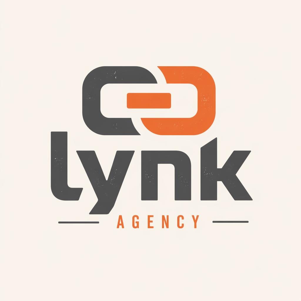 Vintage retro lynk logo wordmark with a small icon in industrial gray and orange on a neutral square background