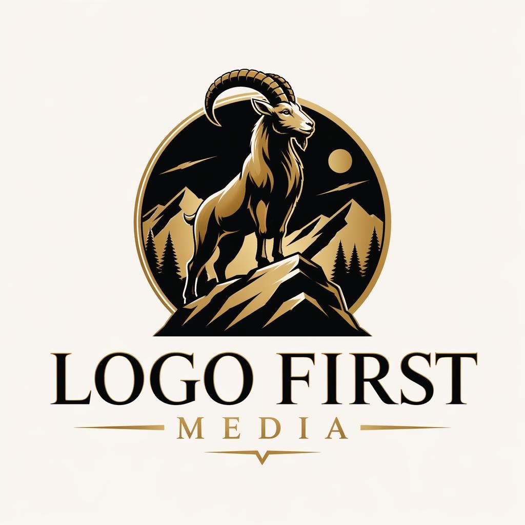 Centered mascot logo for logo first media with elegant serif typography in a black and gold palette on a neutral background.