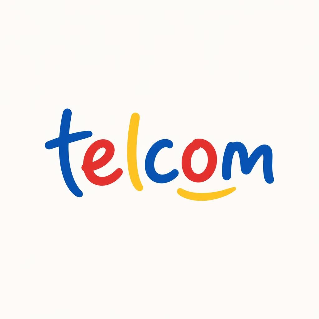 Centered telcom logo wordmark in playful hand-drawn typography with a primary color palette on a neutral background.