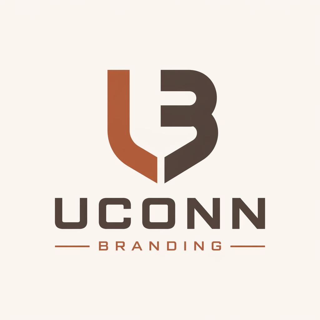 Abstract symbol logo for uconn branding with bold industrial shapes, warm earth tones, centered on a neutral background.