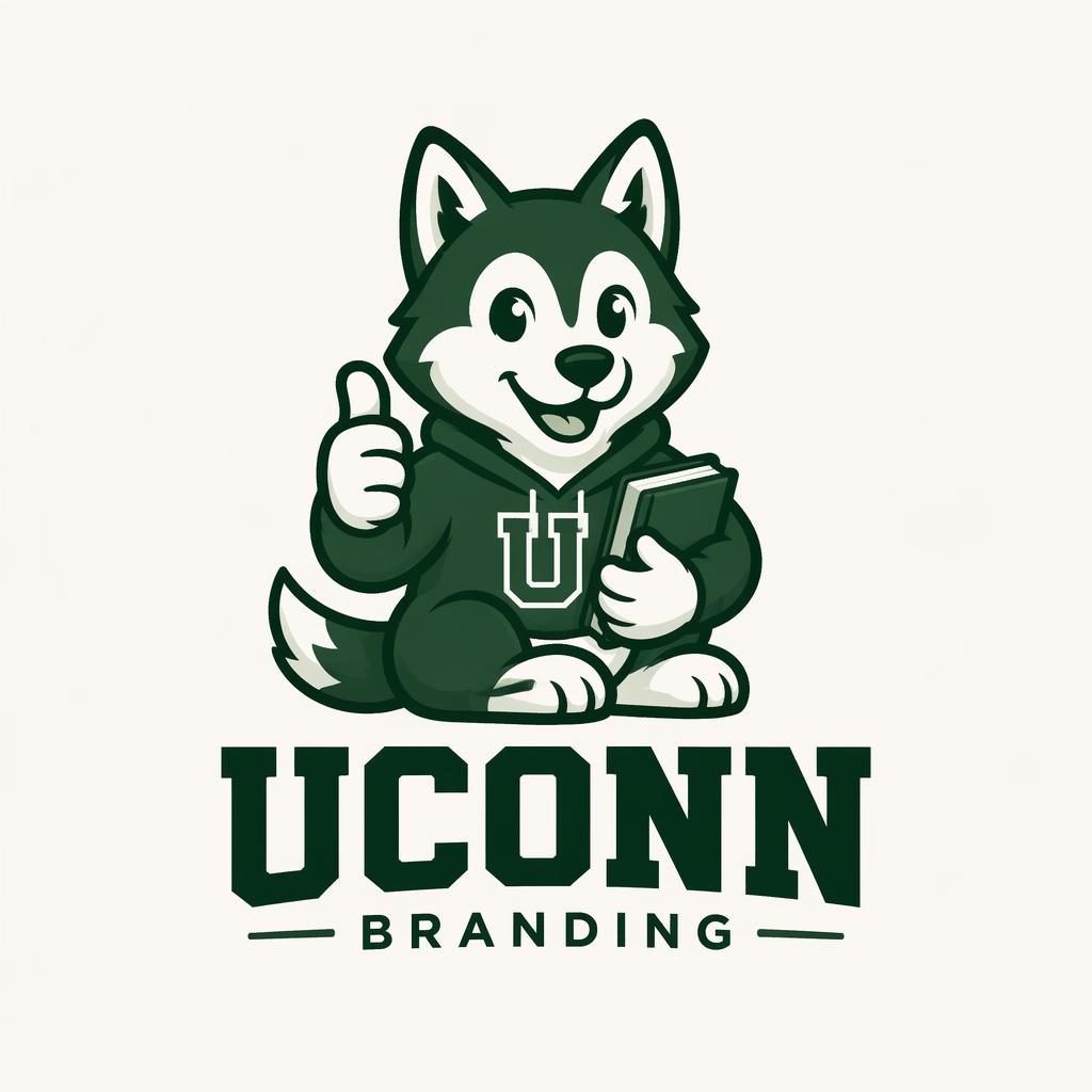 Playful cartoon mascot logo for uconn branding in a forest green palette, centered on a neutral background.