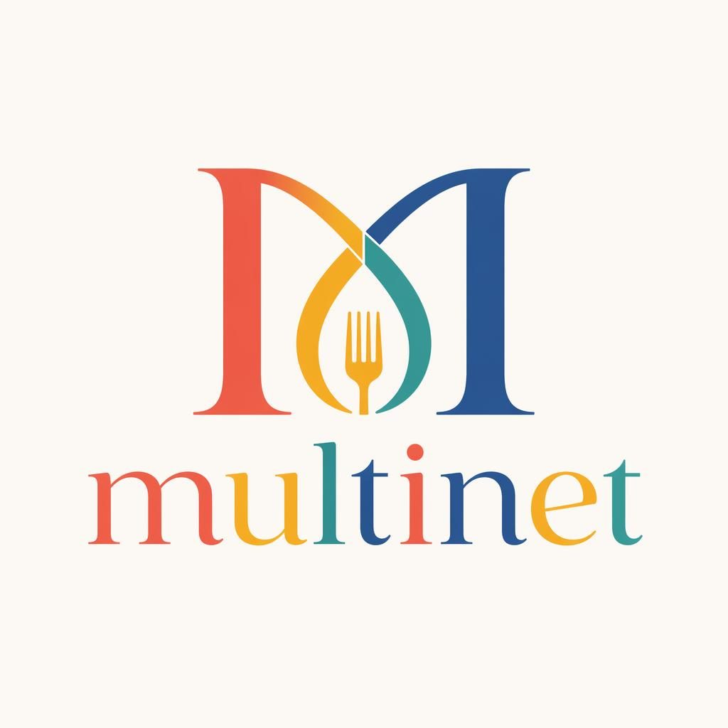 Centered multinet logo lettermark in elegant serif type with playful primary colors on a neutral square background.