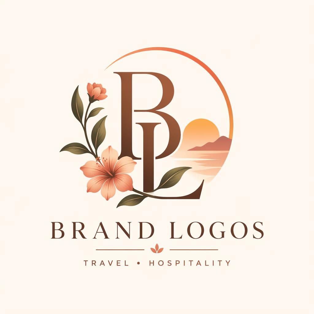 Centered monogram logo with botanical illustration details, sunset gradient colors, and matching brand name on a neutral background.