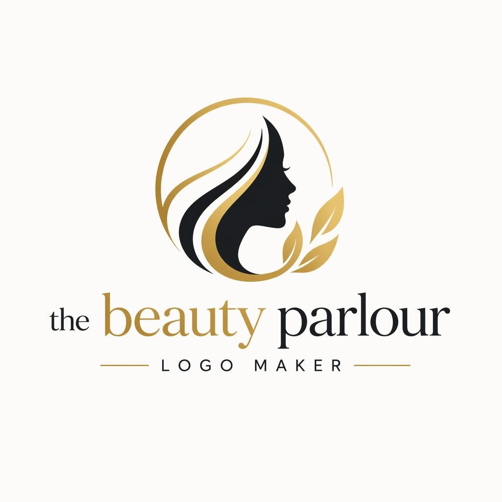 Centered black and gold wordmark logo with icon for beauty parlour logo maker on a neutral background.