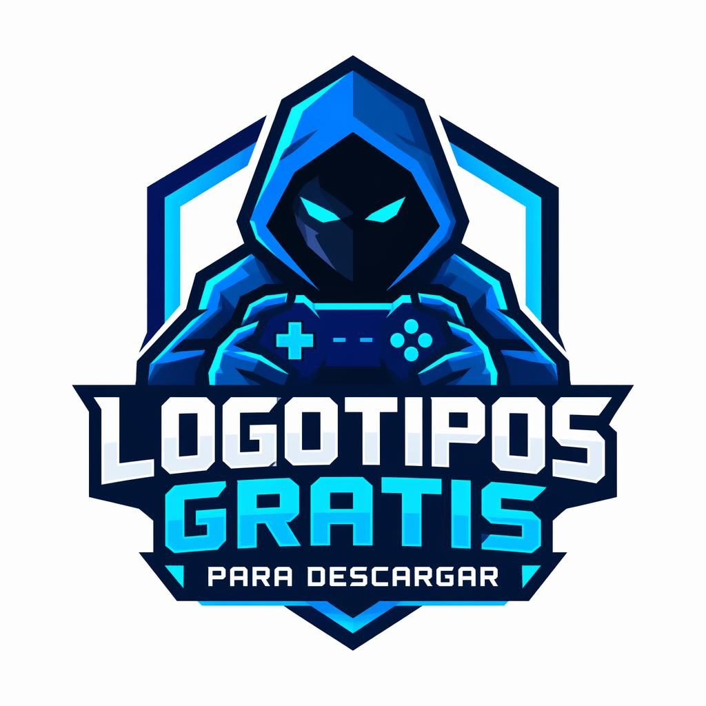 Logo de mascota gaming geométrica en azul y cian, centrado sobre fondo neutro con tipografía tecnológica.