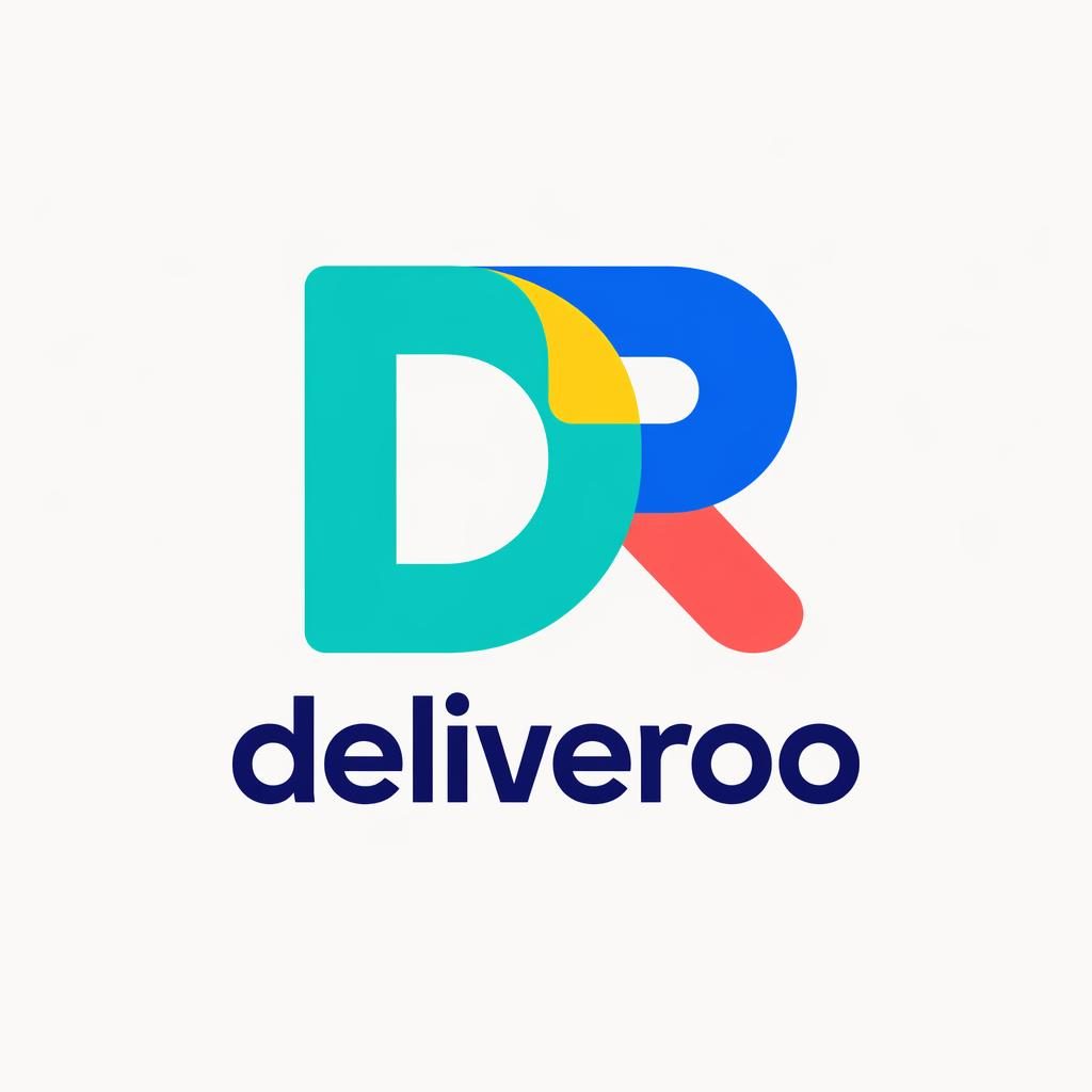 Centered vector monogram logo for Deliveroo with matching wordmark, playful primary colors, and a neutral background.
