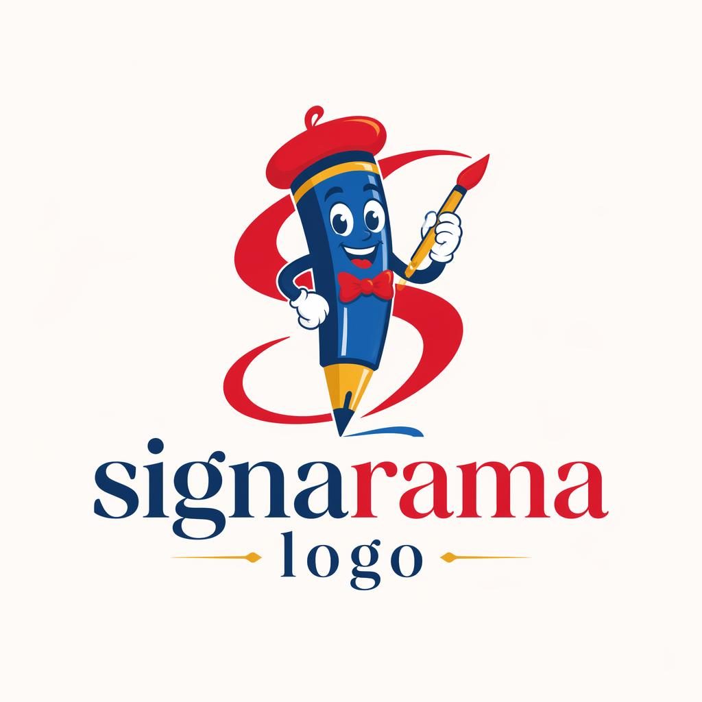 Vector mascot logo for Signarama with elegant serif lettering, playful primary colors, centered on a neutral background.