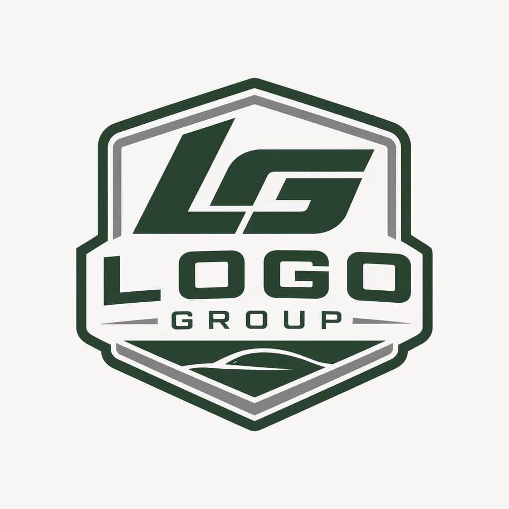 Centered automotive emblem logo for Logo Group in bold industrial style, forest green palette, on a neutral background.