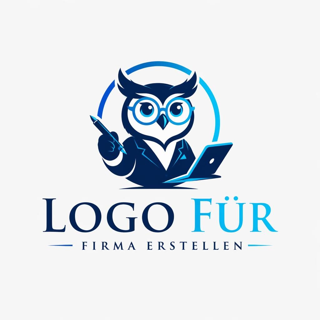 Zentriertes Maskottchen-Logo mit eleganter Serifenschrift in Tech-Blau und Cyan auf neutralem Hintergrund