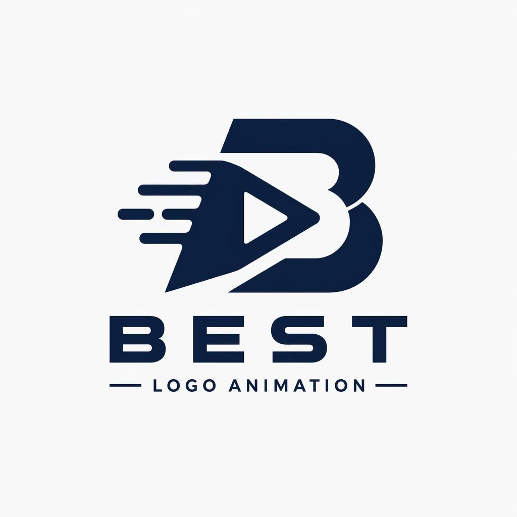 Abstract navy and white logo symbol with matching best logo animation wordmark, centered on a neutral background.