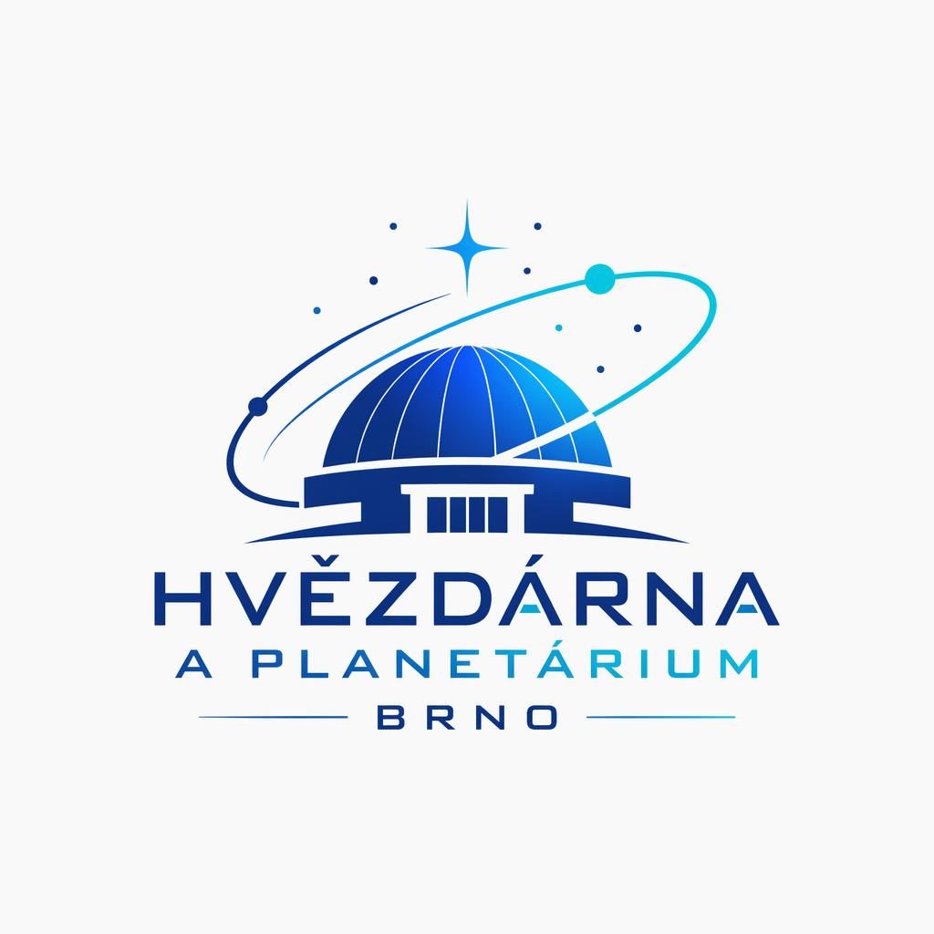 Futuristické logo s textem Hvězdárna a planetárium Brno, ikonou kopule, orbitami a hvězdou v modré a cyan