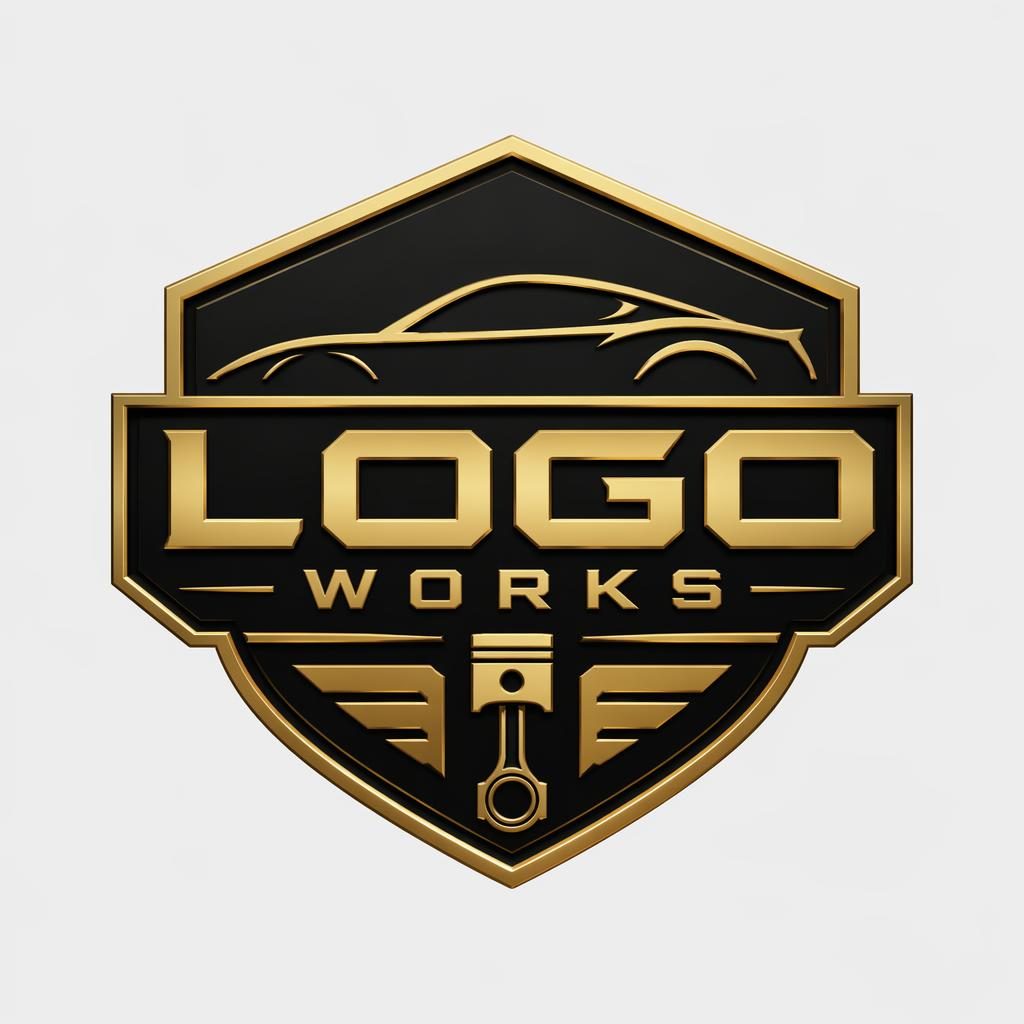 Centered automotive emblem logo for Logo Works in bold black and gold, with clean typography on a neutral background.