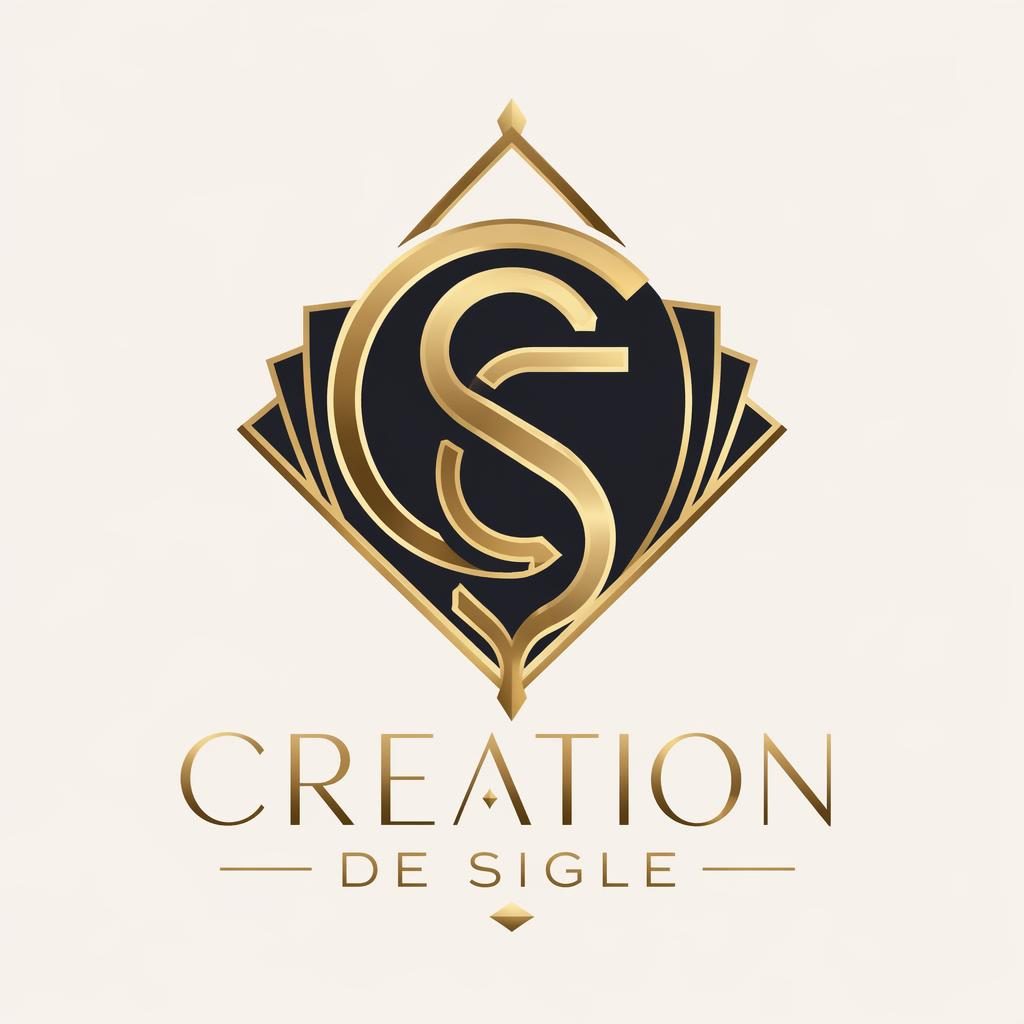 Logo abstrait noir et or de style art déco, centré sur fond neutre, avec typographie élégante pour creation de sigle.