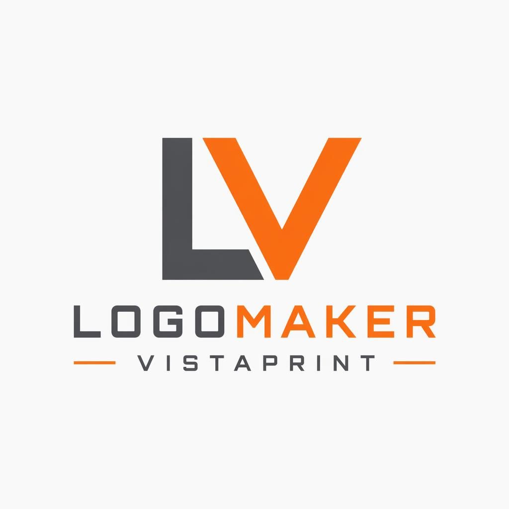 Geometric lettermark logo for Logomaker Vistaprint in gray and orange on a neutral square background.