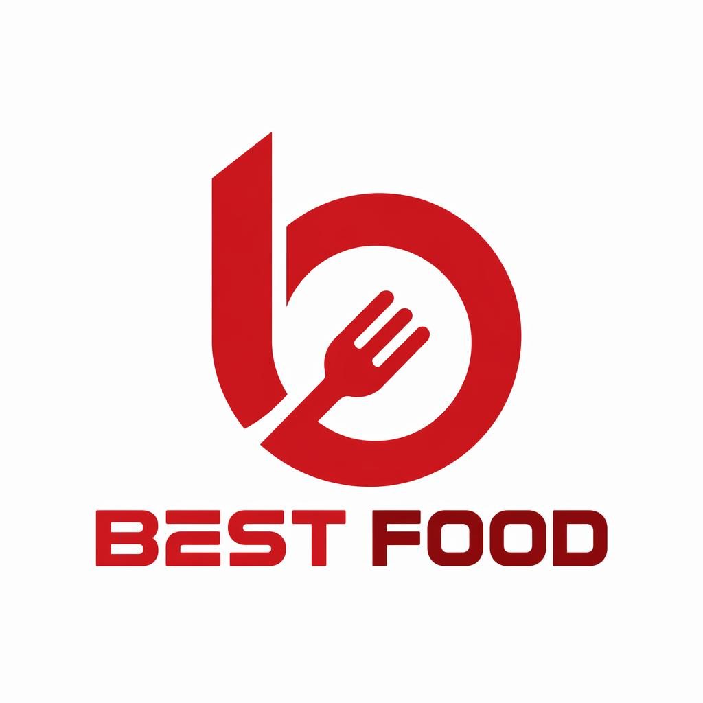 Abstract red and white tech logo symbol with matching Best Food wordmark, centered on a neutral square background.