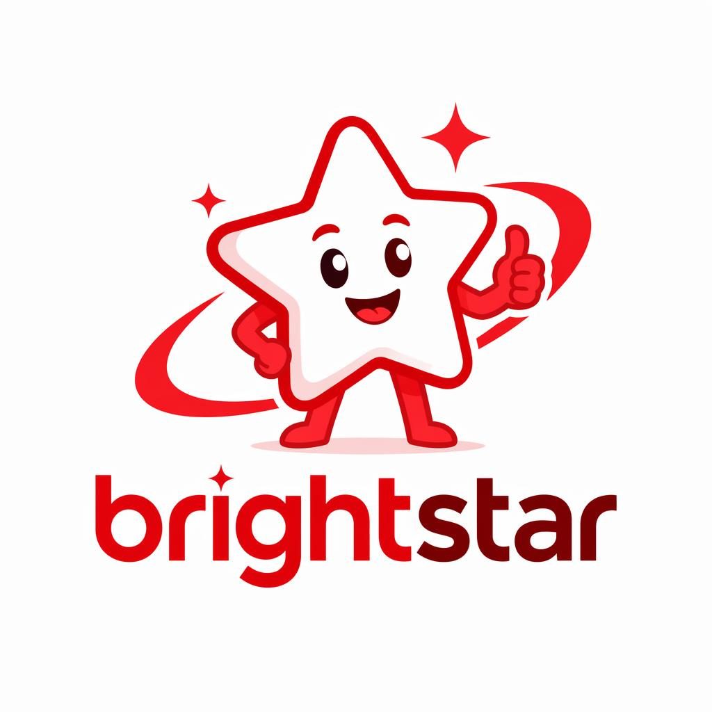 Playful cartoon mascot brightstar logo in bold red and white with matching brand text on a neutral background