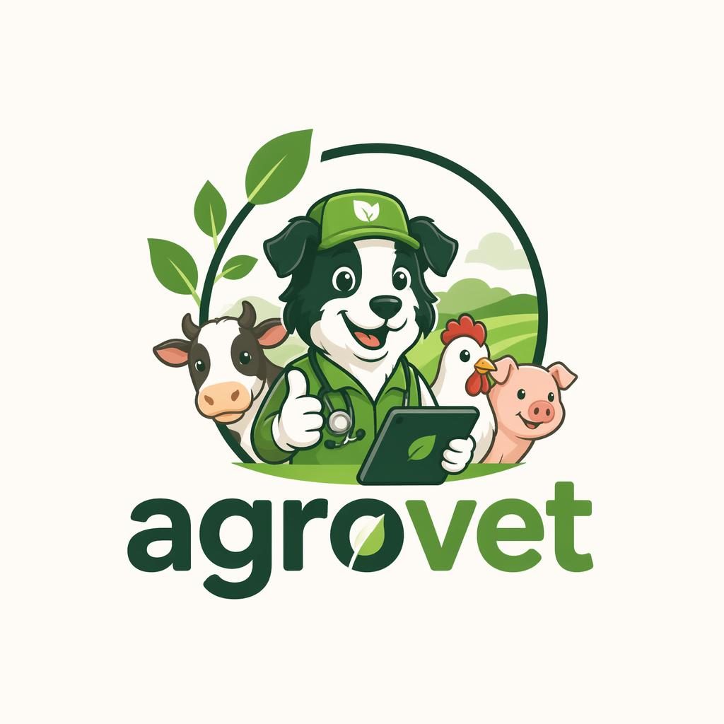 Centered agrovet logo mascot character in playful cartoon style, forest green palette, with matching brand name on neutral background