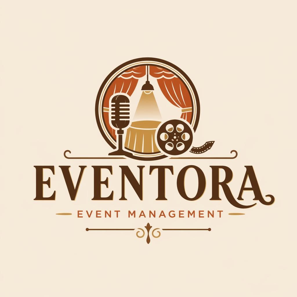 Vintage retro event management company logo wordmark with icon in warm earth tones on a neutral background
