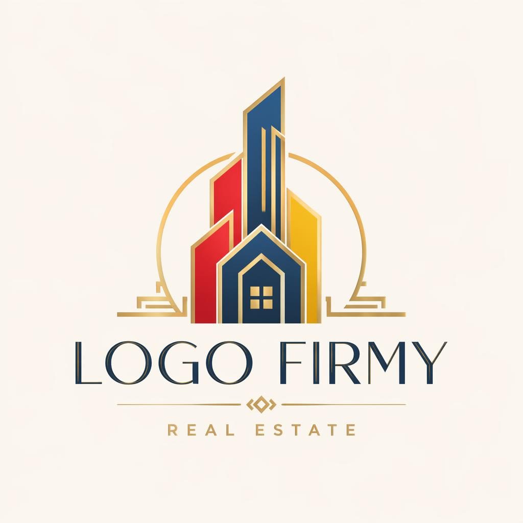 Abstraktní logo pro realitní firmu v luxusním art deco stylu s hravou primární paletou na neutrálním pozadí.