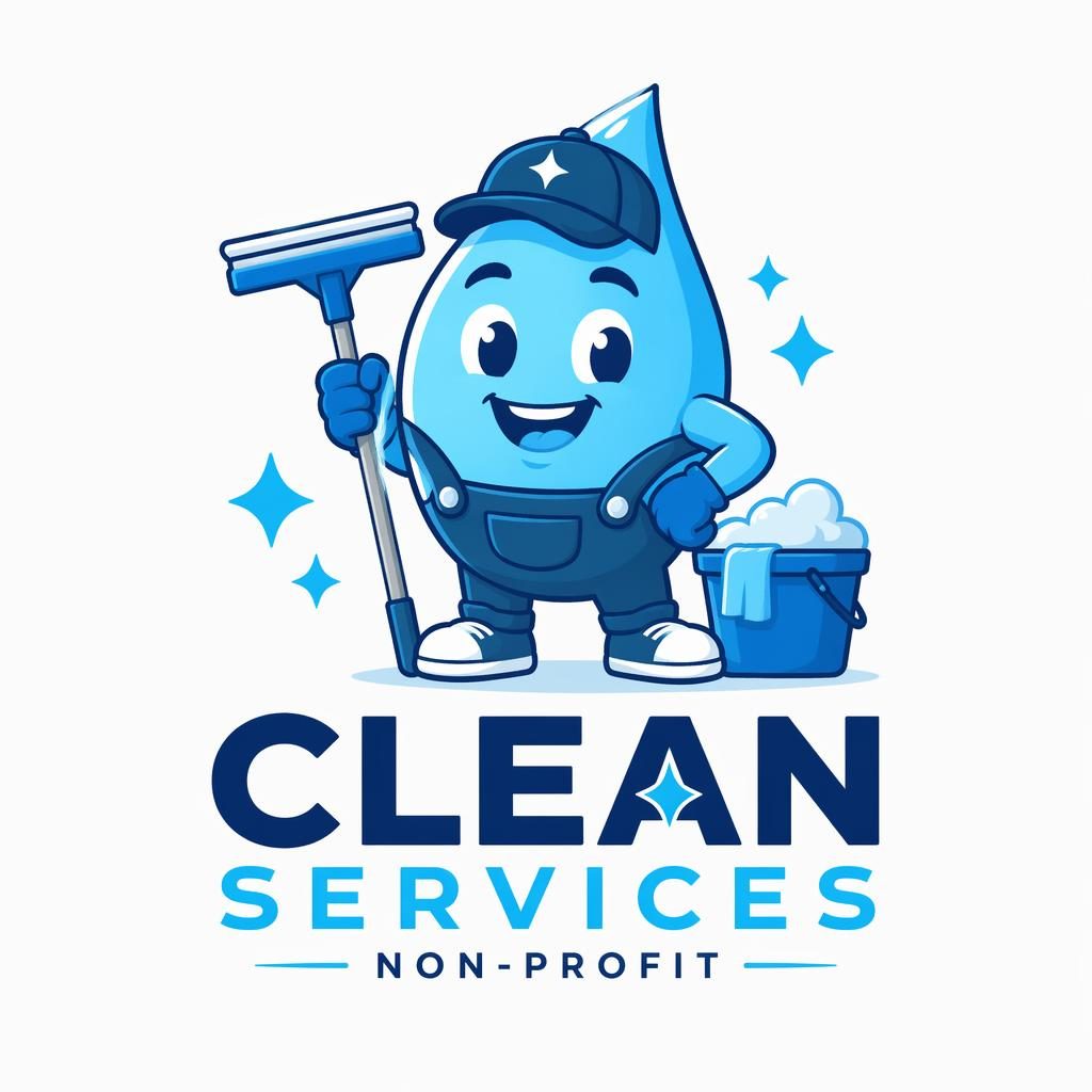 Square vector mascot logo for a cleaning service, with playful cartoon character, blue and cyan palette, centered on neutral background