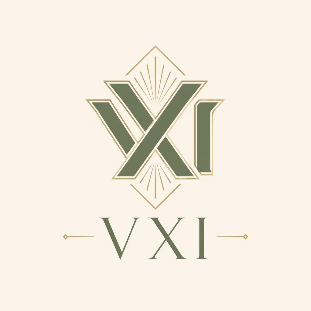 Abstract VXI logo with an art deco luxury symbol and matching wordmark in sage and cream on a neutral background