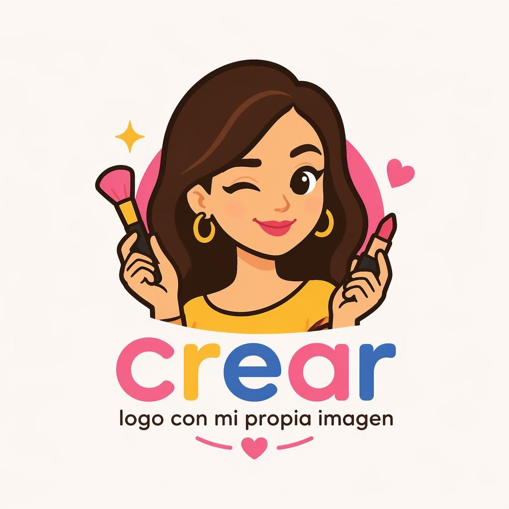 Logo vectorial cuadrado con mascota geométrica de belleza, paleta primaria, tipografía a juego y fondo neutro.