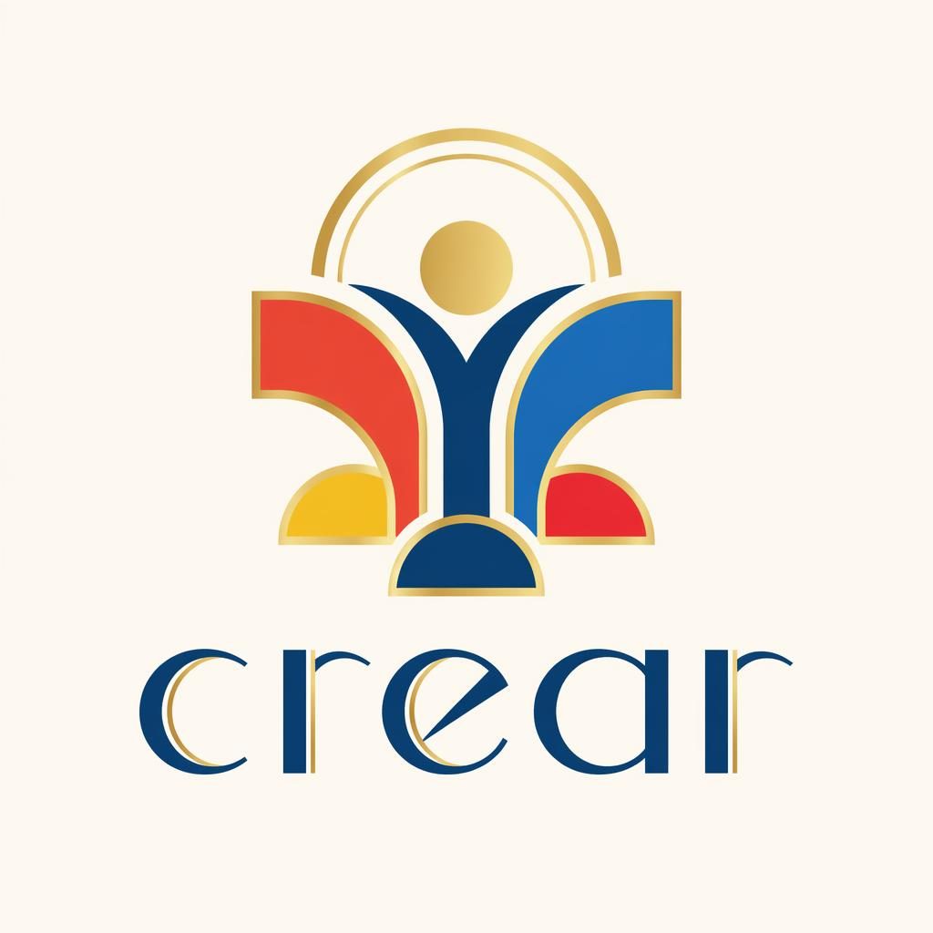 Logotipo cuadrado con símbolo abstracto art déco en colores primarios y nombre de marca centrado sobre fondo neutro