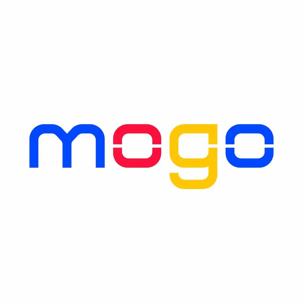 Centered luxury wordmark logo for Mogo in futuristic playful typography on a neutral square background.
