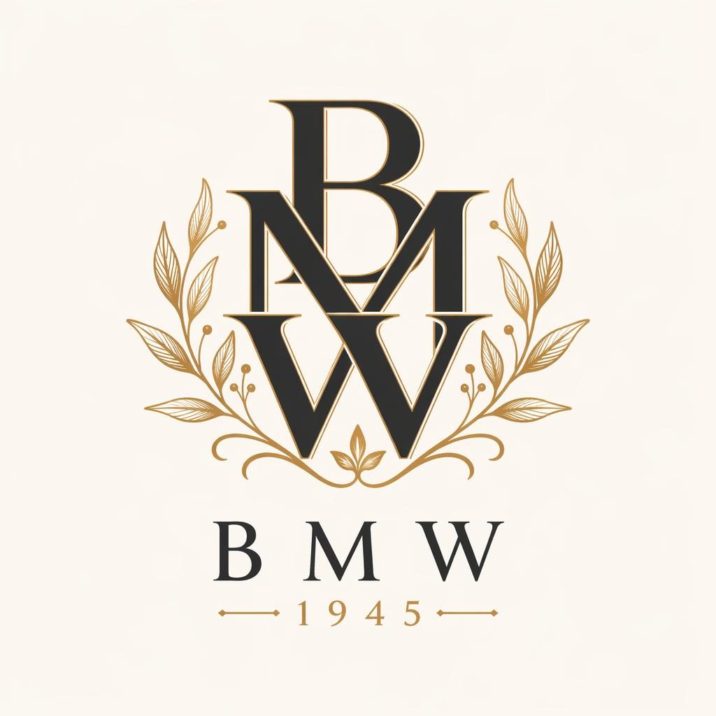 Centered botanical monogram logo for BMW 1945 in black and gold on a neutral background with luxury typography.