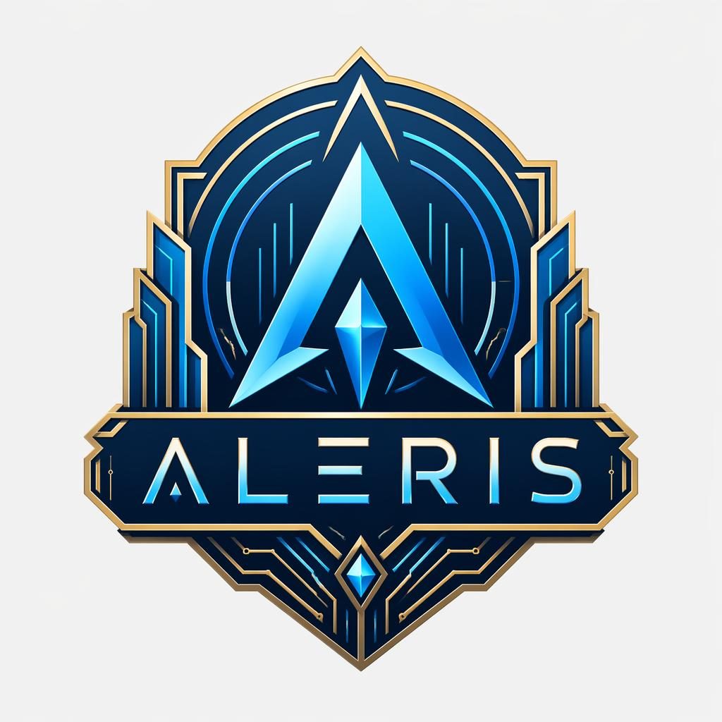 Centered Aleris logo emblem badge in art deco style with blue and cyan typography on a neutral background