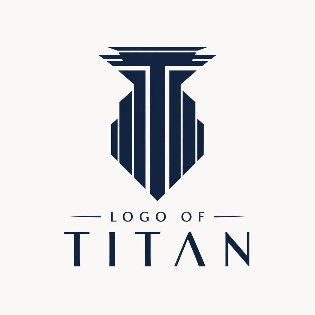 Abstract navy and white art deco logo symbol with matching Titan wordmark, centered on a neutral background.