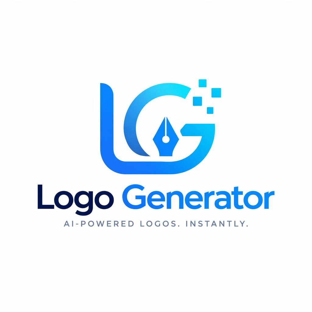 Modern combinatie-logo met woordmerk Logo Generator en abstract blauw-cyaan icoon op neutrale achtergrond.