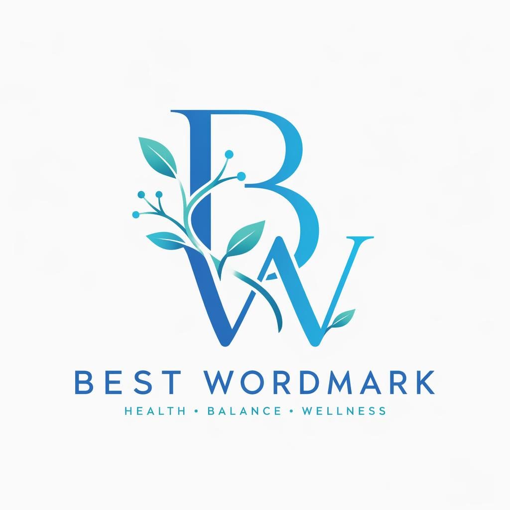 Centered blue and cyan monogram logo with botanical illustrated details on a neutral background, clean vector style.