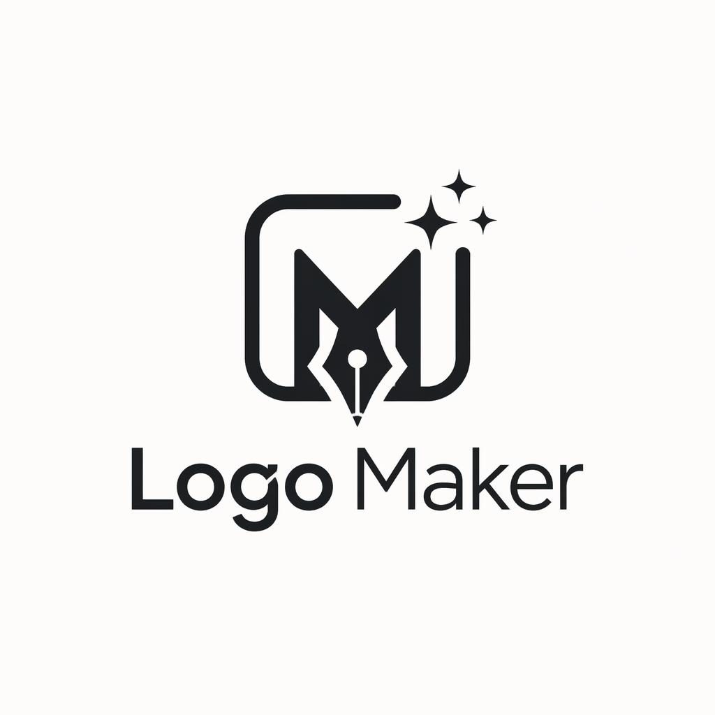 Monokrom logotyp för Logo Maker med ordmärke och ikon, centrerad på neutral bakgrund i ren vektorstil.