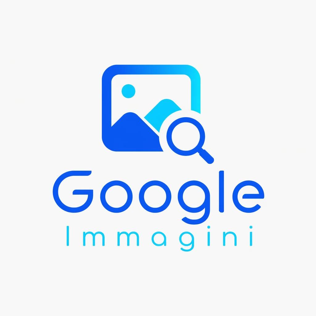 Logo combinato con icona astratta tra cornice immagine e lente, testo Google Immagini in blu e ciano su sfondo neutro.