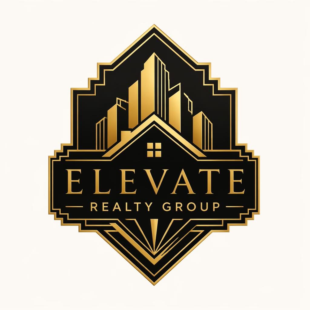 Square black and gold art deco real estate emblem logo on a neutral background with centered luxury typography.