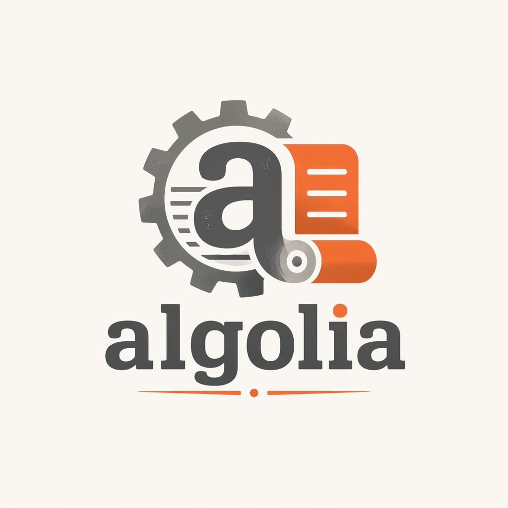 Vintage retro algolia logo wordmark with a simple icon in industrial gray and orange on a neutral background.