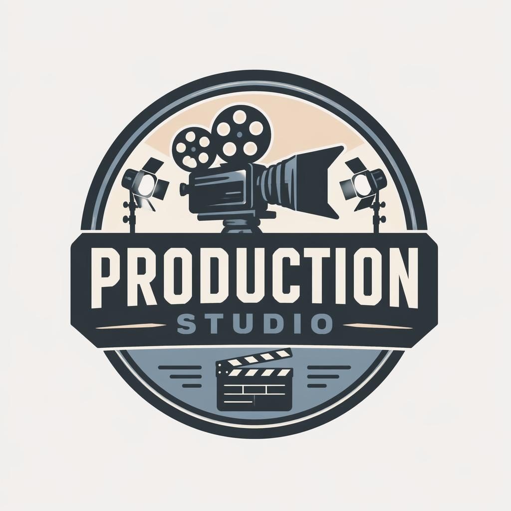 Centered emblem badge logo for production studio logos in bold industrial shapes with a soft pastel palette on neutral background.