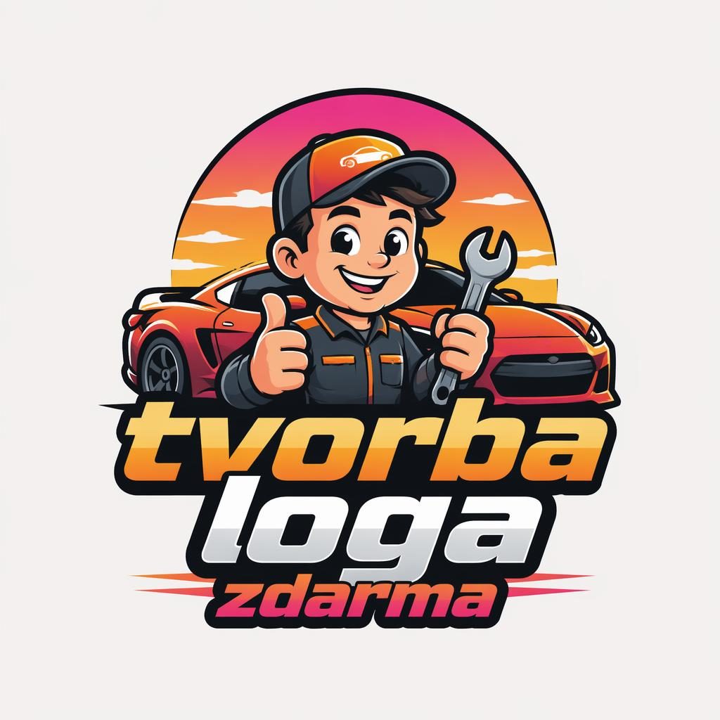 Hravé kreslené logo s maskotem pro automotive, gradient západu slunce, název značky uprostřed na neutrálním pozadí.