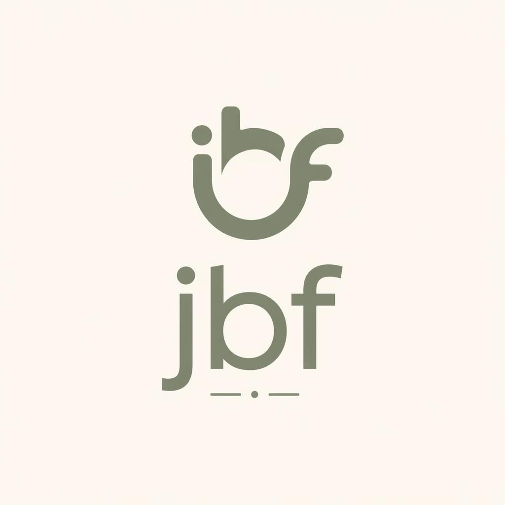 Centered jbf logo wordmark with a simple icon in sage and cream, Swiss-style on a neutral square background