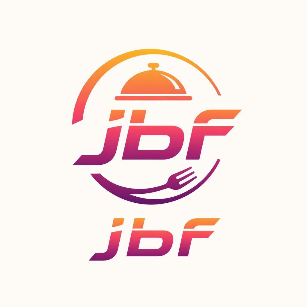 Centered jbf logo with futuristic wordmark and icon in a sunset gradient on a neutral background.
