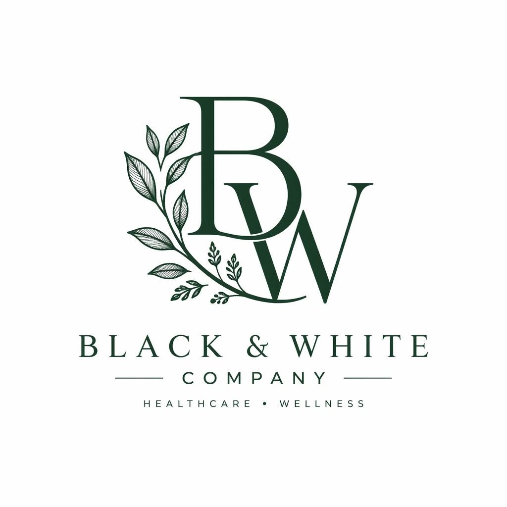 Centered monogram logo with botanical illustrated details, neutral background, clean vector style for healthcare wellness branding.