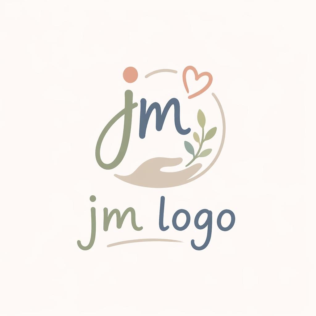 Centered jm logo concept with hand-drawn pastel wordmark and organic icon on a neutral background, clean vector style.