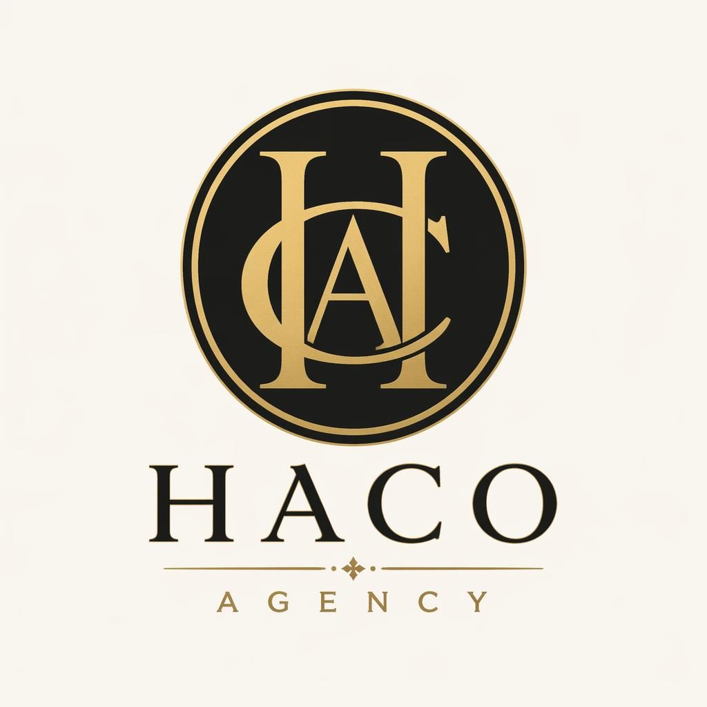 Centered HACO monogram logo concept in vintage retro style with black and gold typography on a neutral background.