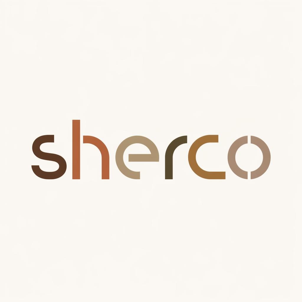 Centered sherco logo wordmark in Bauhaus-inspired typography with warm earth tones on a neutral square background.