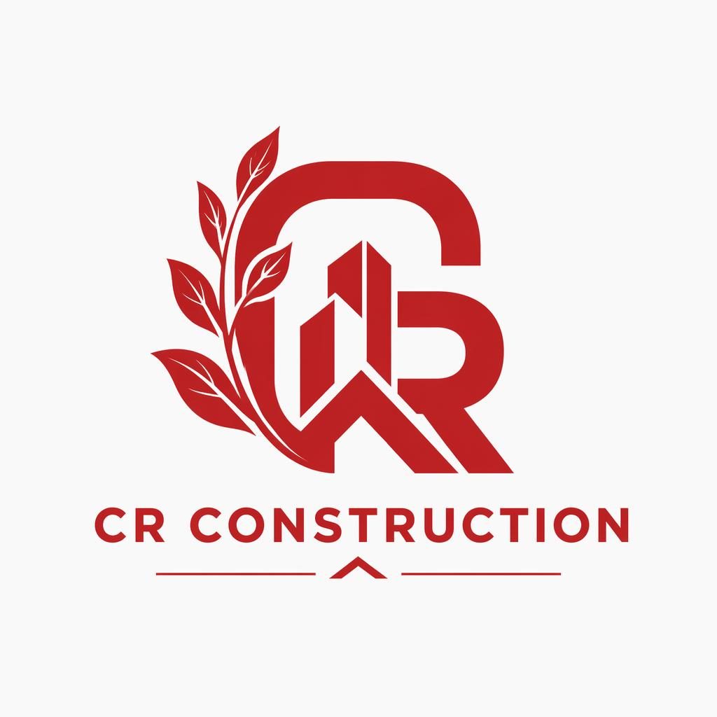 Centered red and white botanical monogram construction logo on a neutral background with clean vector styling.