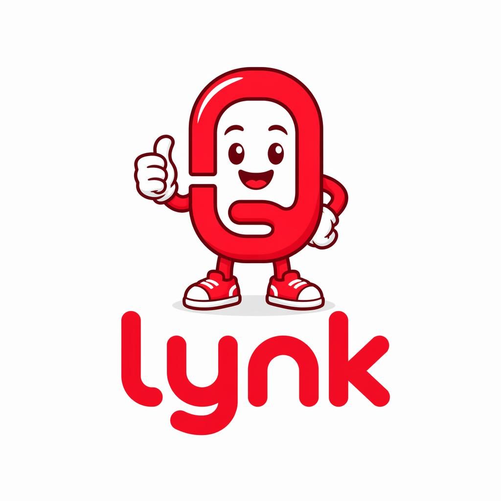 Centered mascot-style Lynk logo in bold red and white, playful cartoon vector design on a neutral square background.