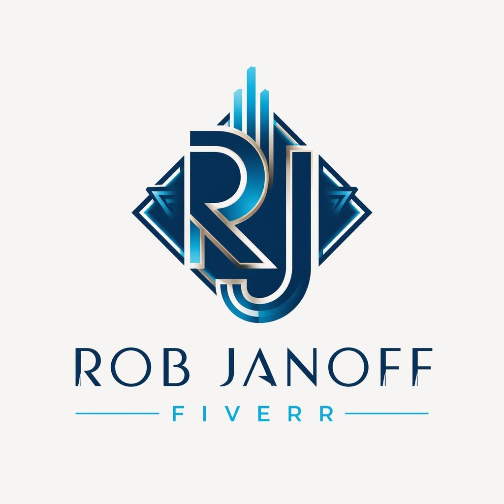Abstract art deco logo for rob janoff fiverr in blue and cyan, centered on a neutral background with matching typography.