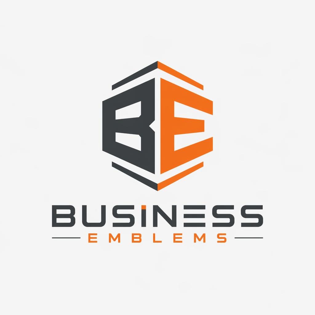 Centered combination logo for Business Emblems with a futuristic icon and wordmark in industrial gray and orange.